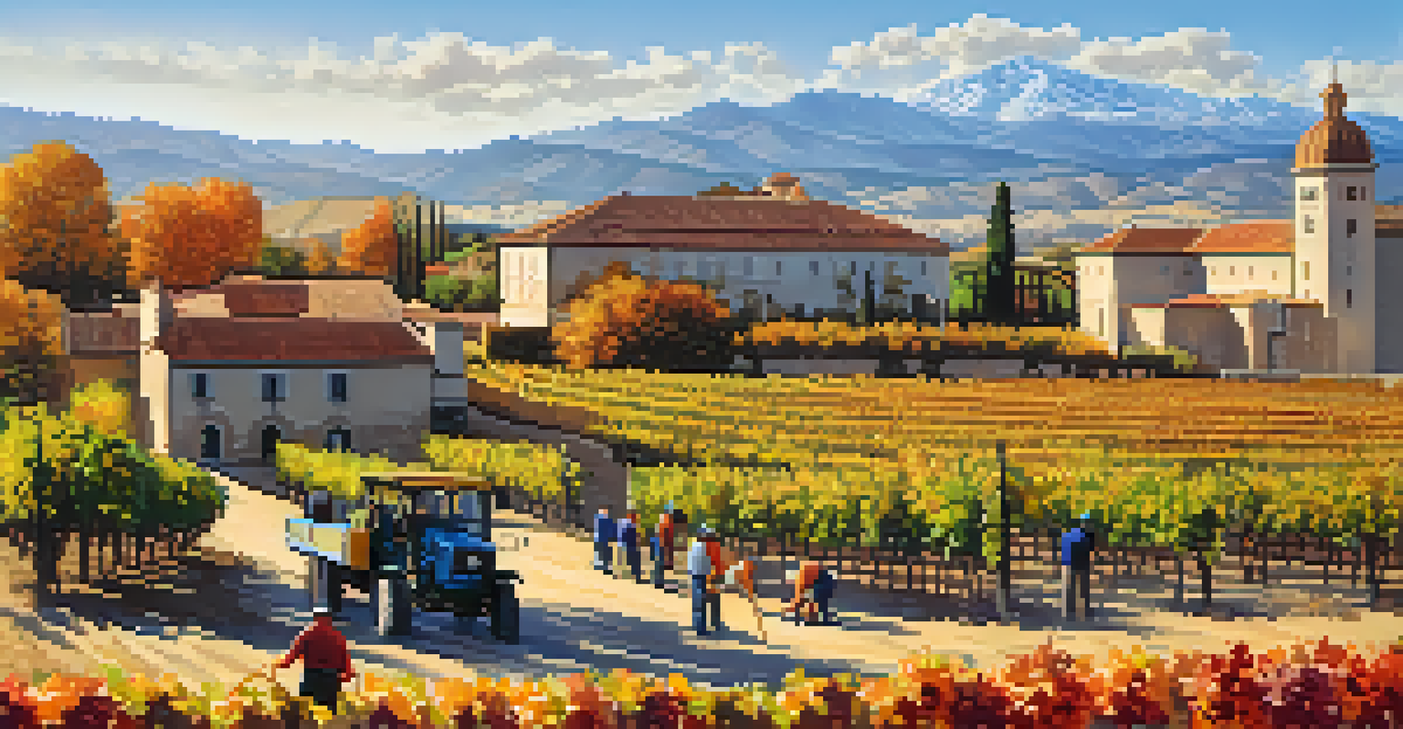 Workers harvesting grapes in a colorful vineyard with mountains and a winery in the background.