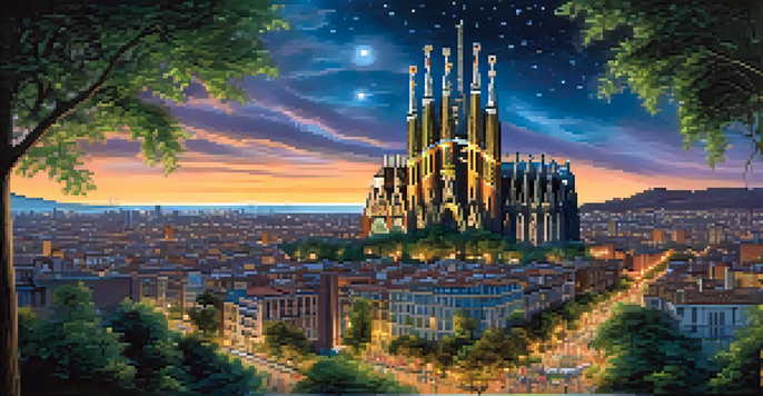 A night view of the illuminated Sagrada Familia in Barcelona, surrounded by greenery and cobblestone paths under a starry sky.