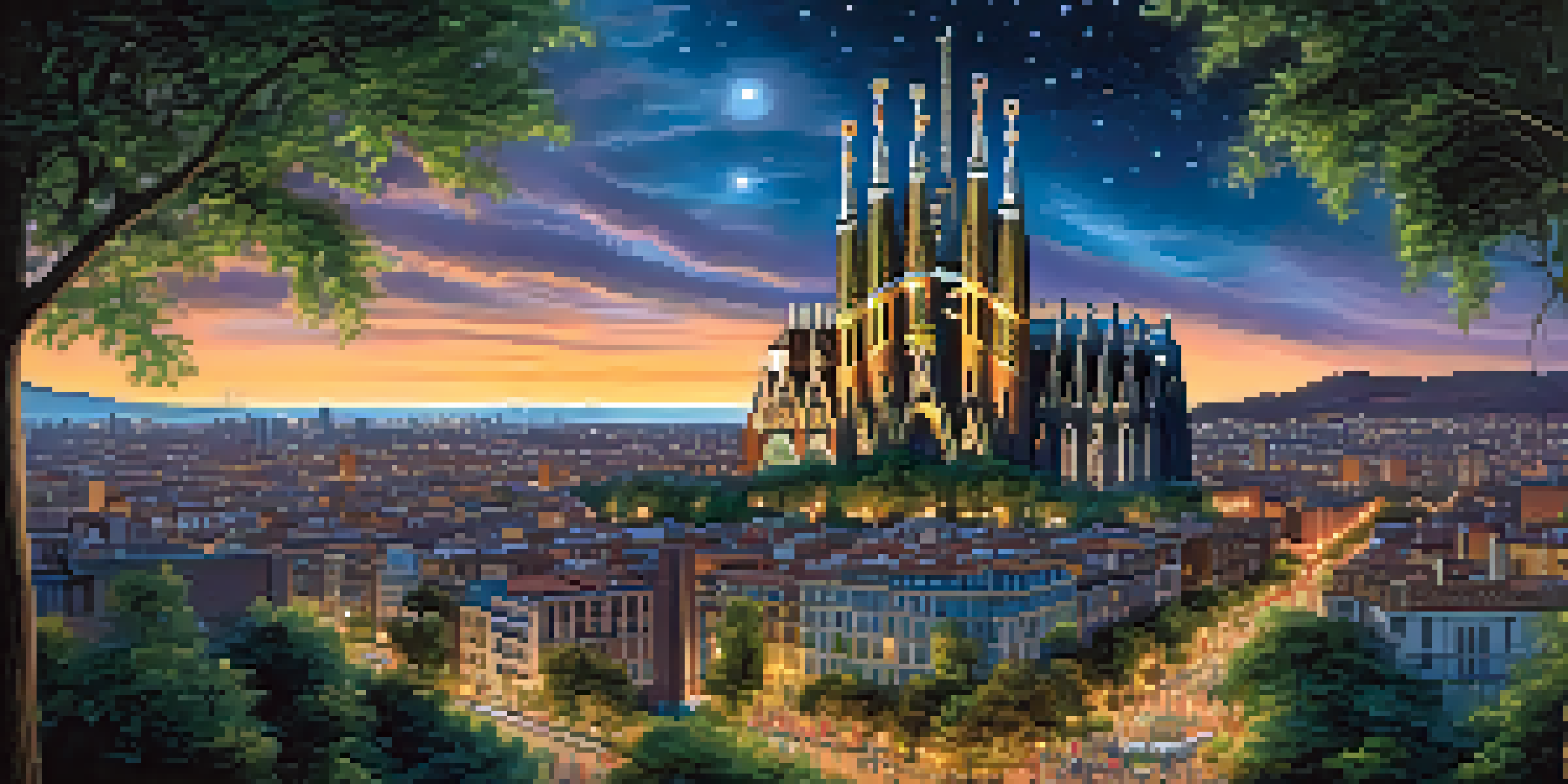 A night view of the illuminated Sagrada Familia in Barcelona, surrounded by greenery and cobblestone paths under a starry sky.