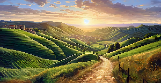 A scenic view of the Camino de Santiago with diverse pilgrims walking along a winding path through a green valley at sunset.