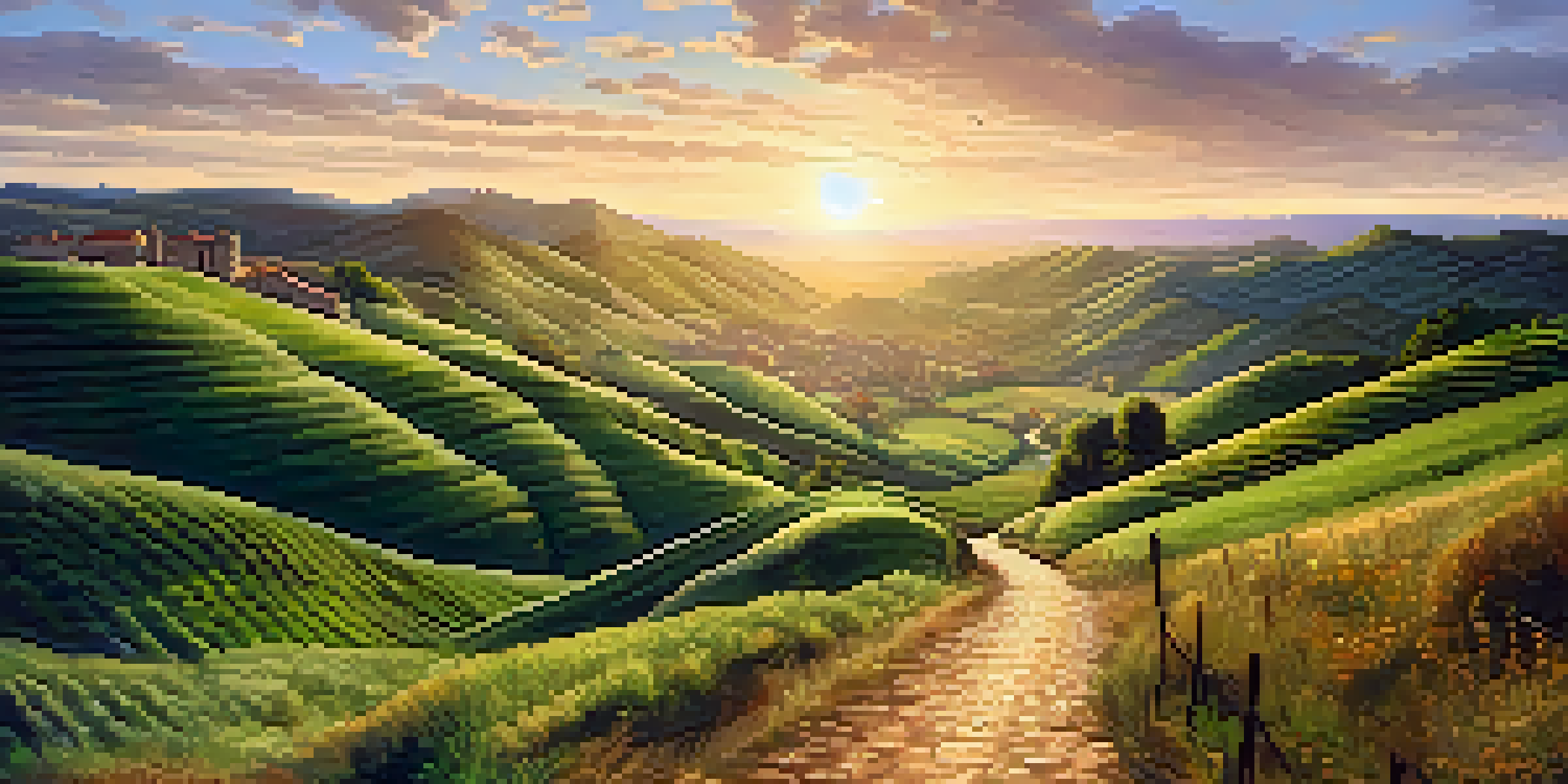 A scenic view of the Camino de Santiago with diverse pilgrims walking along a winding path through a green valley at sunset.