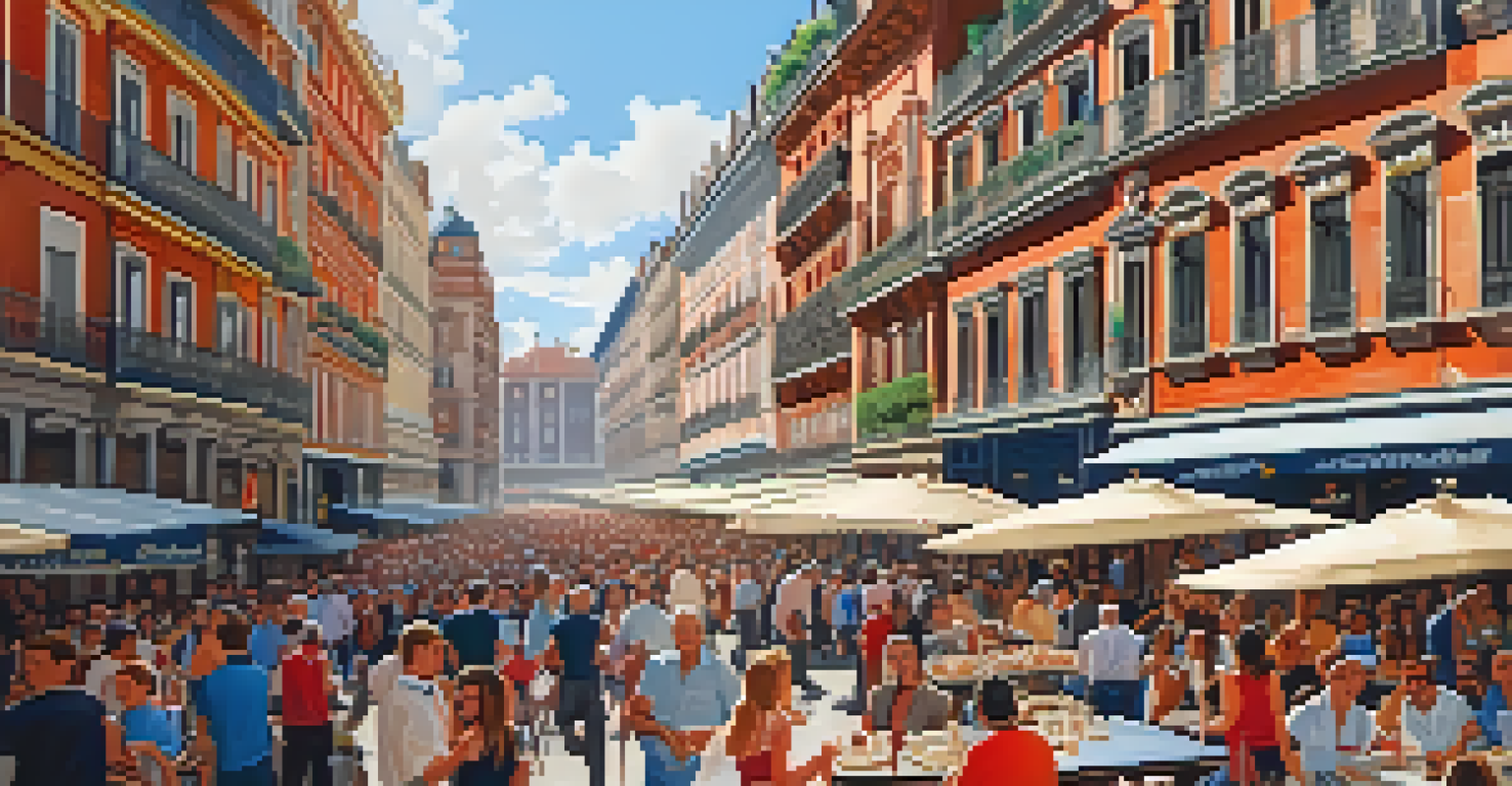 A lively scene in Plaza Mayor, showcasing red-brick buildings, bustling cafés, and street performers in a vibrant atmosphere.