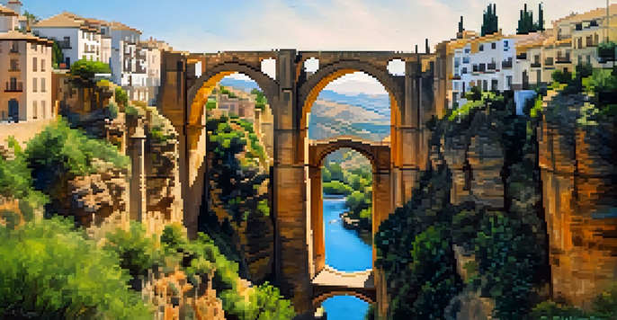 A panoramic view of Ronda, Spain, featuring the Puente Nuevo bridge over a gorge with lush greenery and rugged cliffs.