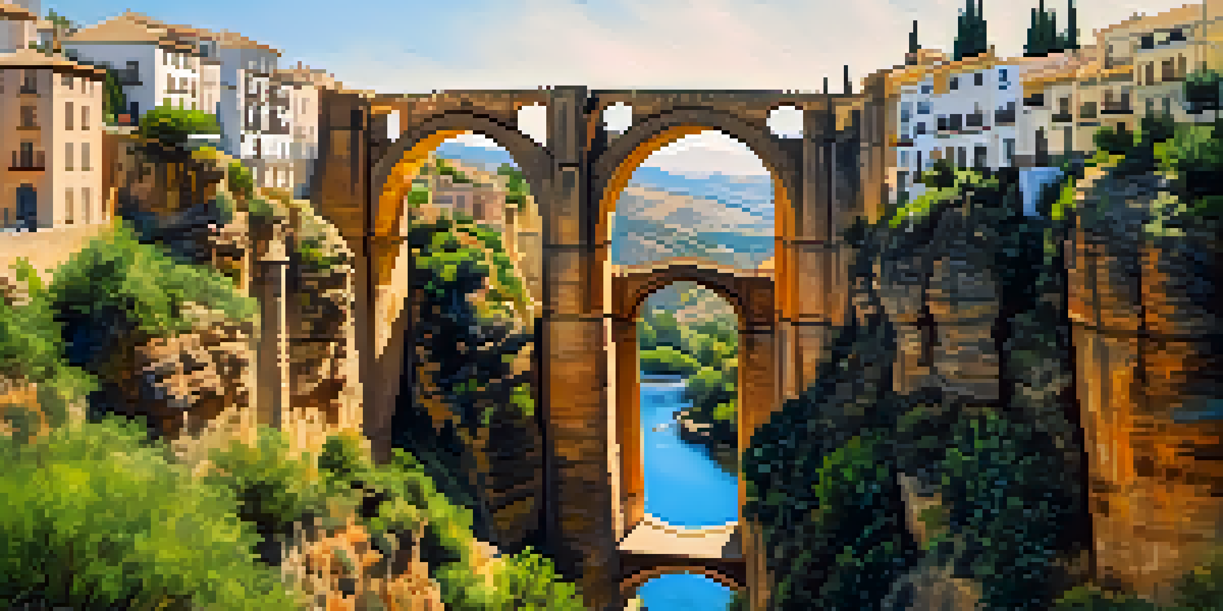 A panoramic view of Ronda, Spain, featuring the Puente Nuevo bridge over a gorge with lush greenery and rugged cliffs.
