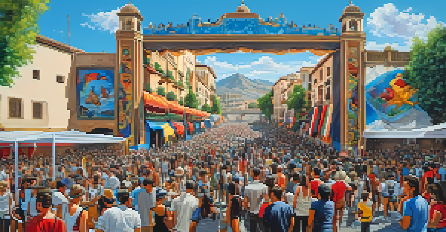 A lively street art festival in Granada with artists painting murals and spectators enjoying the vibrant atmosphere.