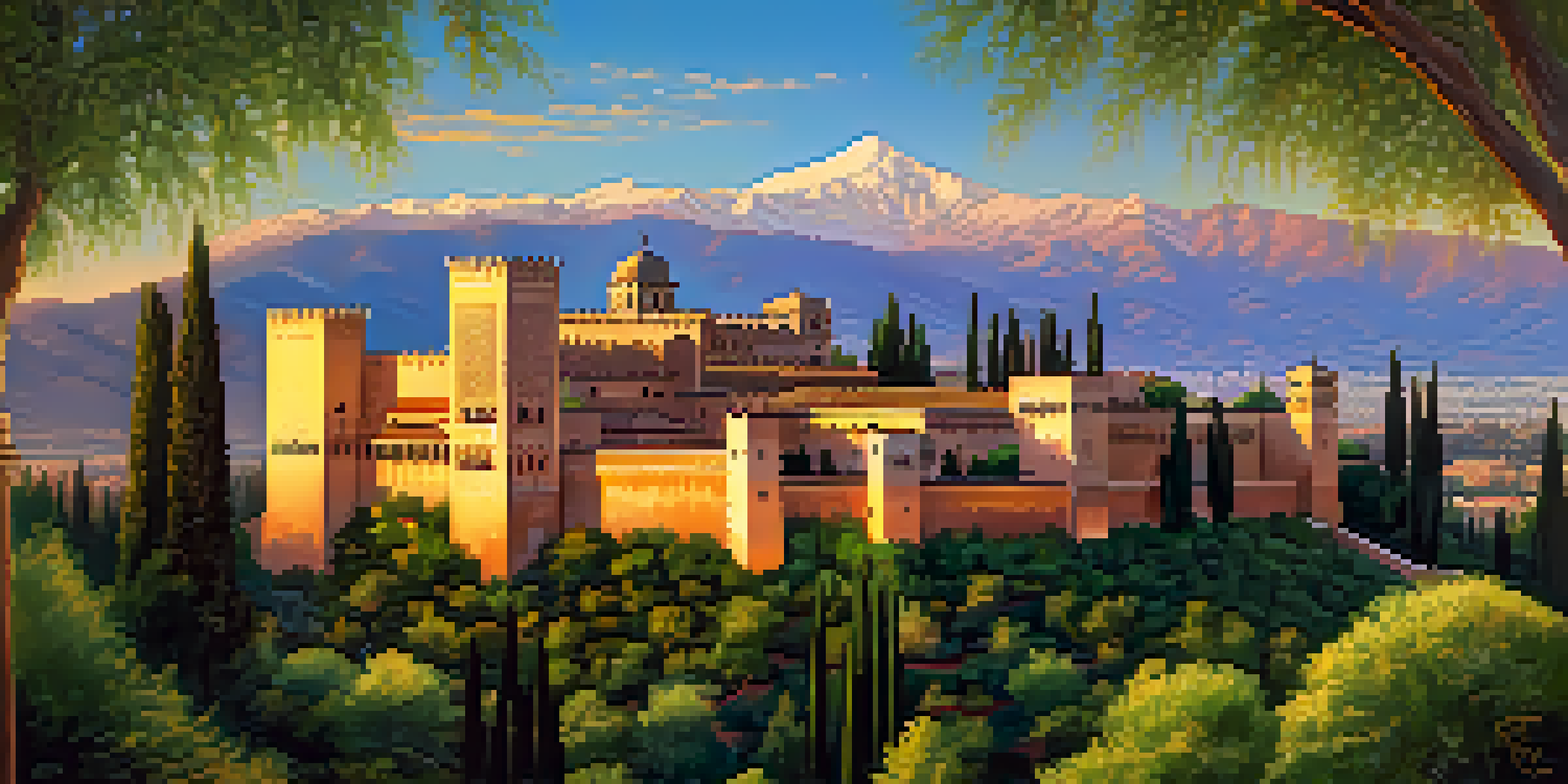 A scenic sunset view of the Alhambra palace with mountains and gardens.
