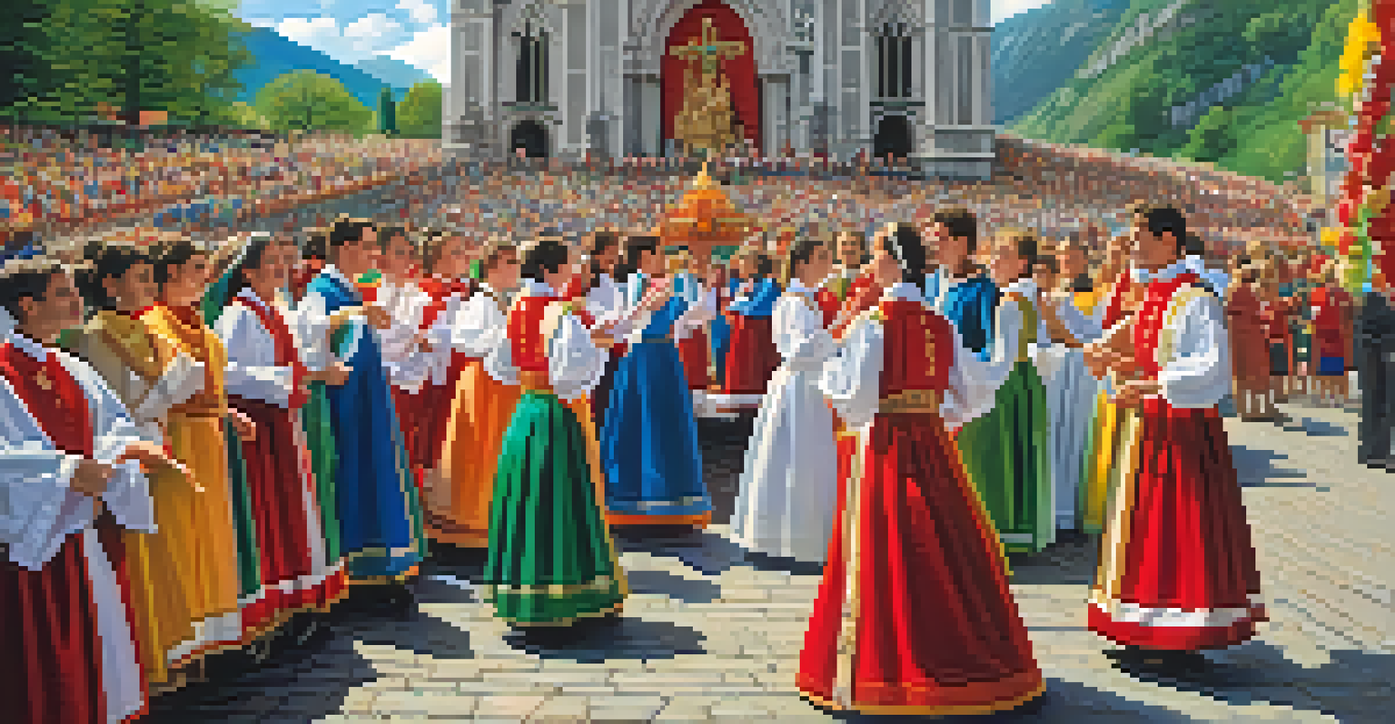 Vibrant celebration at the Shrine of Covadonga with people in traditional attire, dancing and singing.