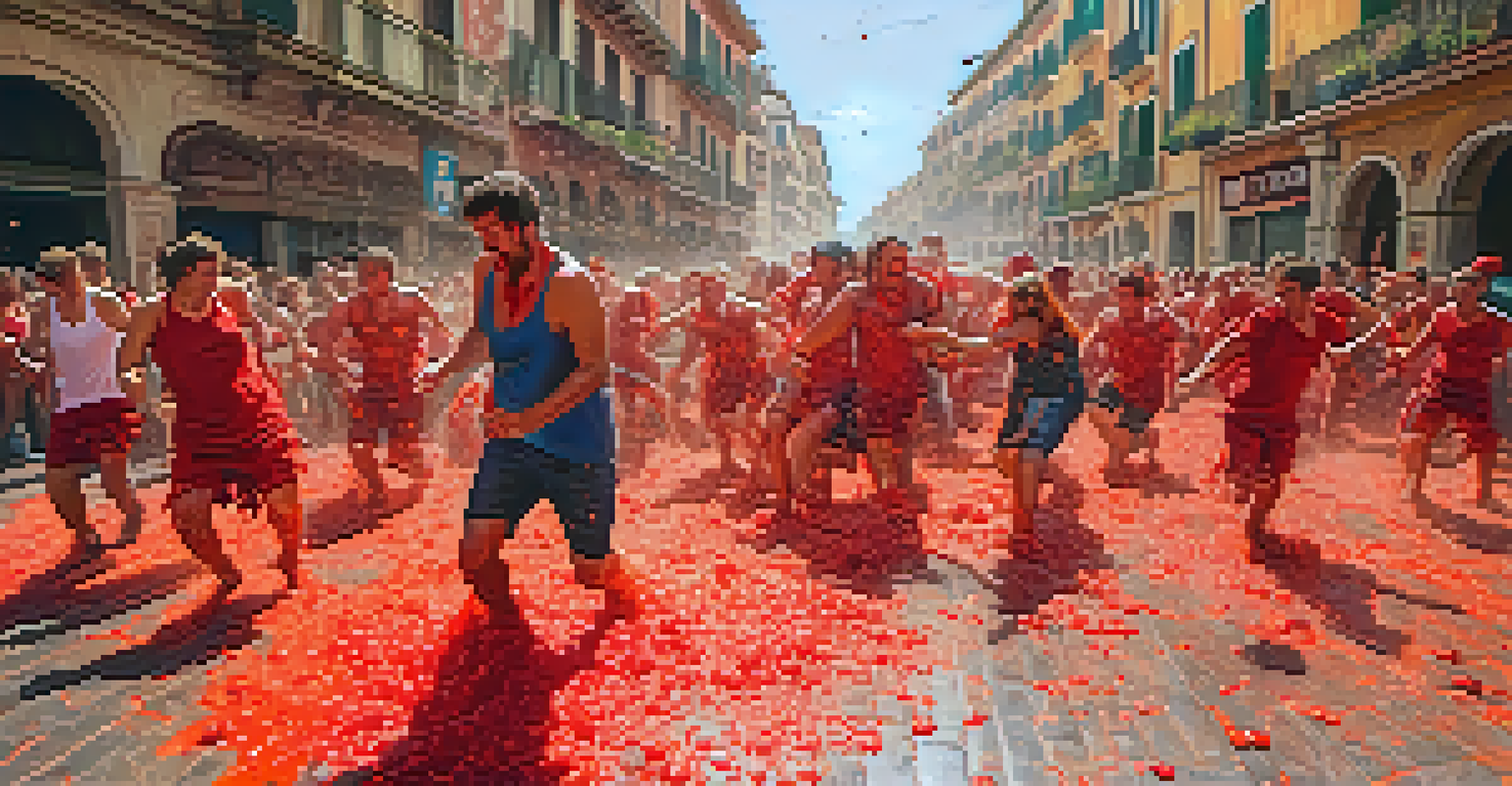 Participants engaging in the La Tomatina festival, joyfully throwing tomatoes at each other amidst a lively atmosphere.