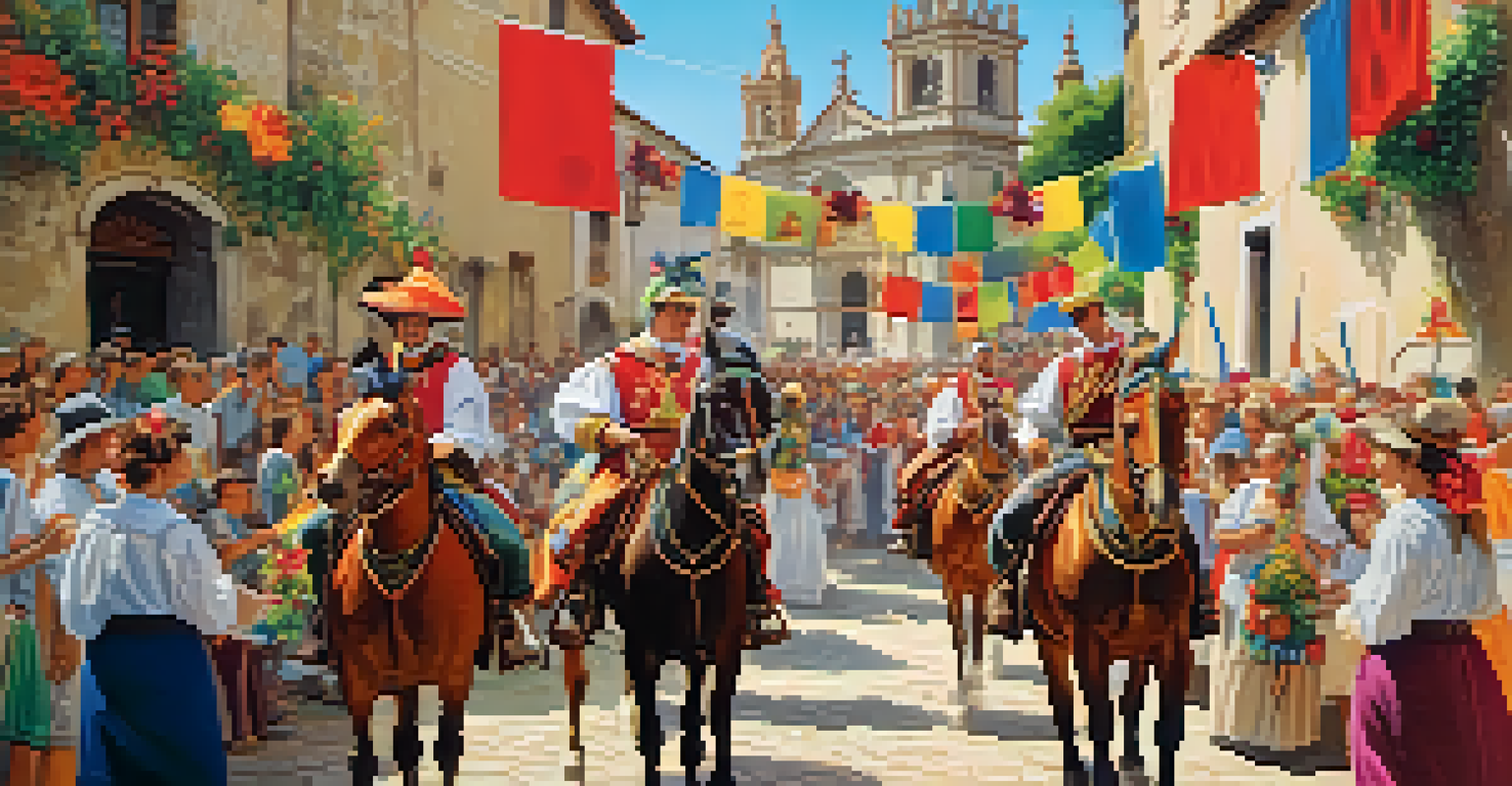 A local pilgrimage festival in Spain with colorful caravans and participants in traditional attire.