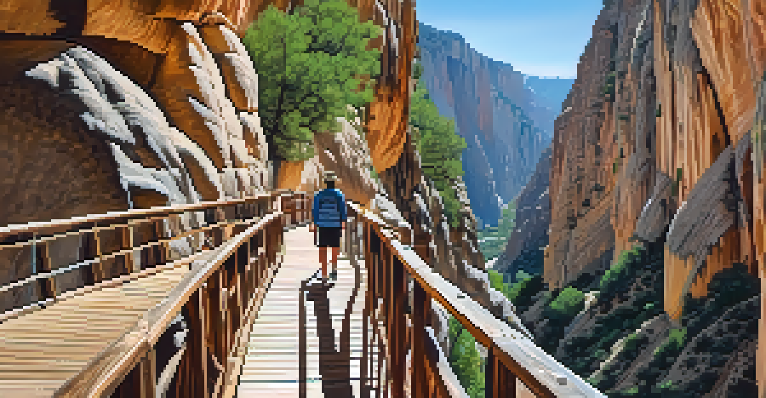A family walking on the El Caminito del Rey trail, with cliffs and greenery around them.
