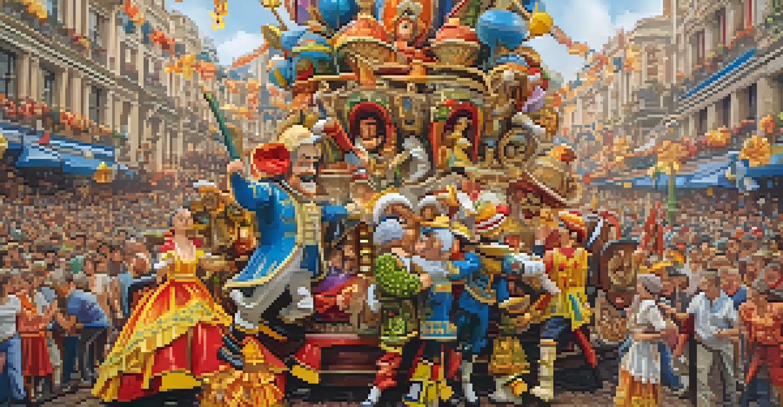 A detailed close-up view of a colorful falla sculpture with whimsical characters, showcasing the intricate craftsmanship and vibrant colors during the Las Fallas festival.