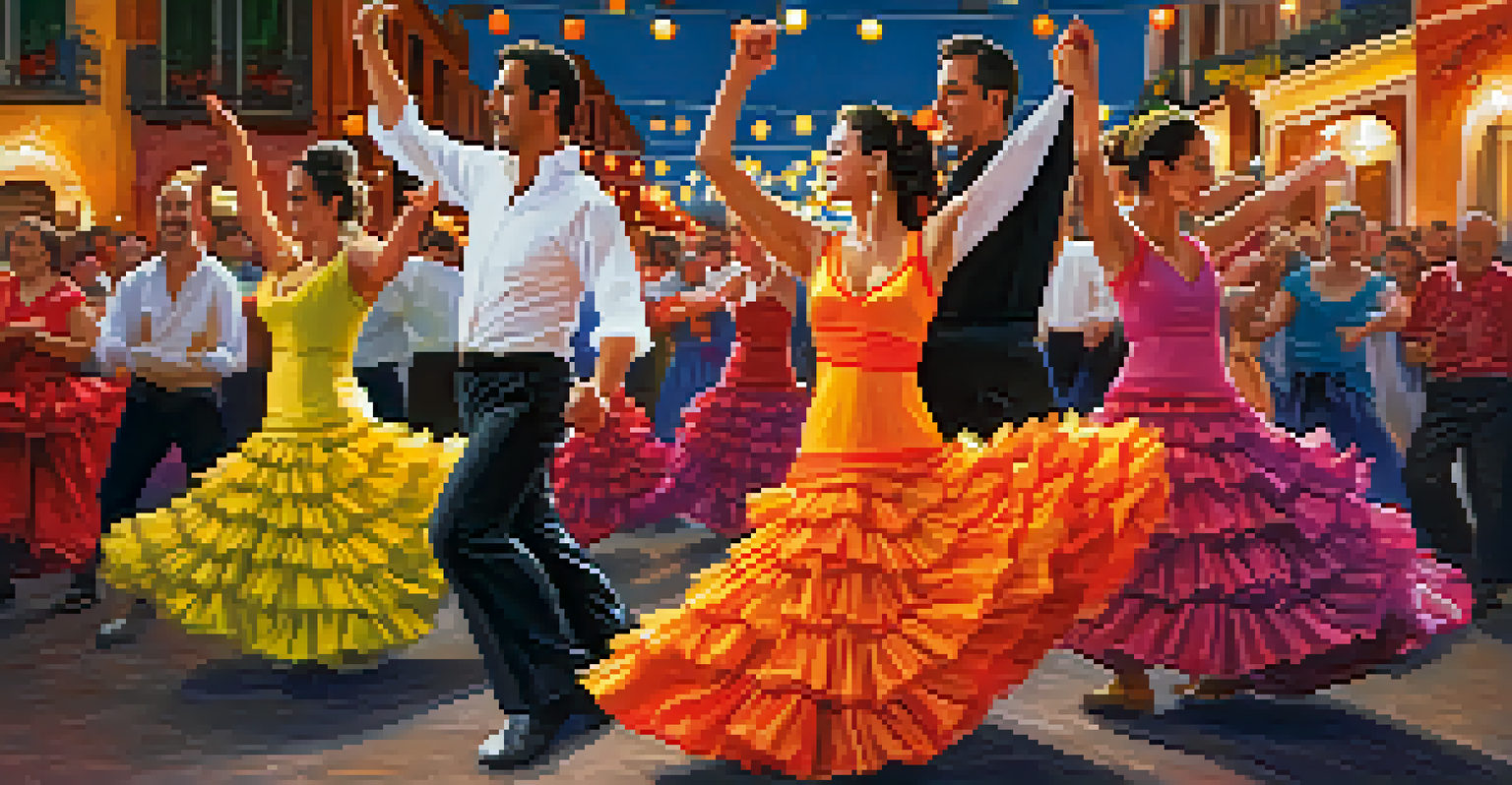 Flamenco dancers in colorful outfits performing at a street festival, with spectators and festive lights in the background.