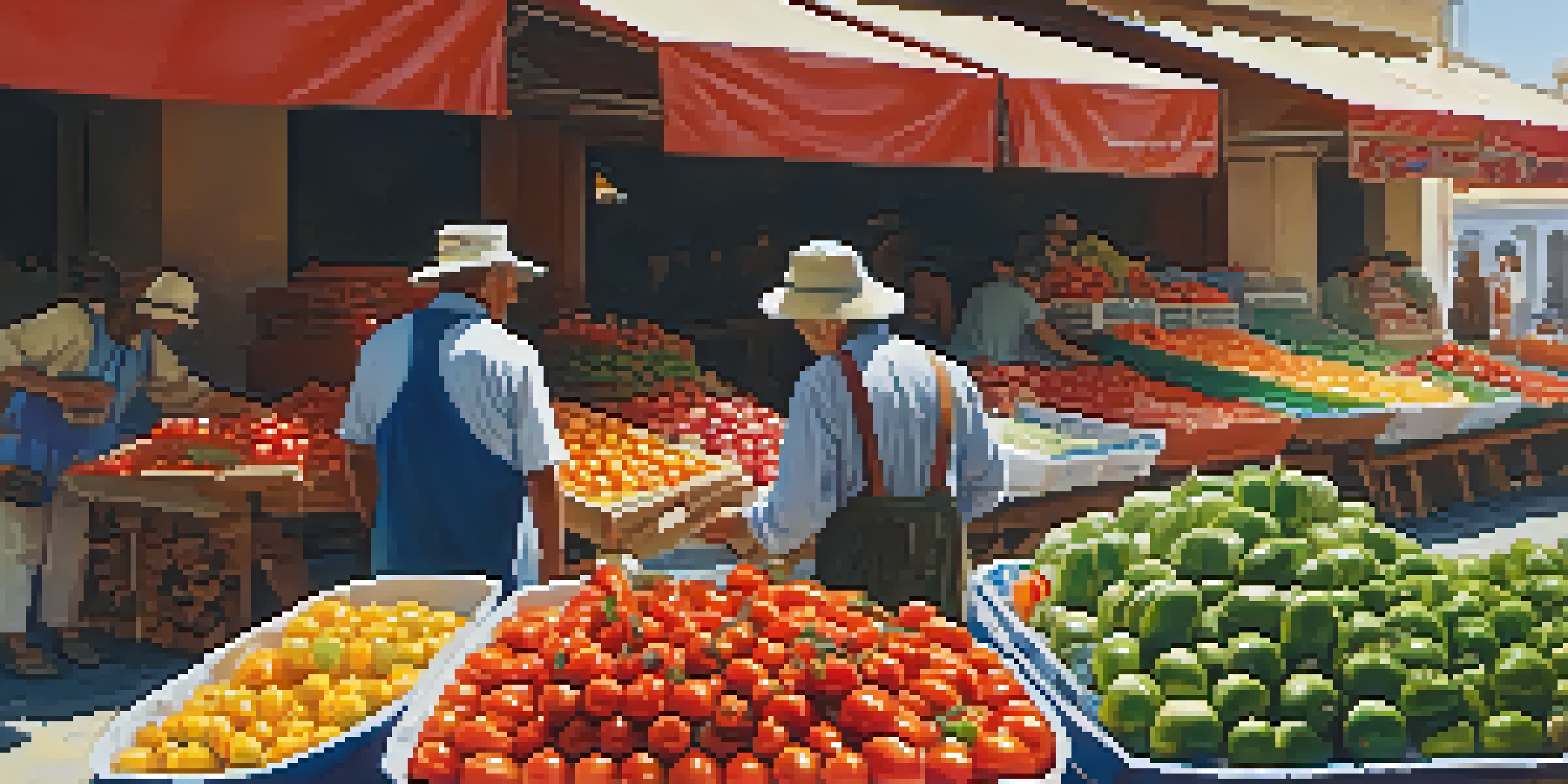 A bustling Andalusian market filled with fresh produce, colorful vegetables, and seafood, with sunlight illuminating the scene.