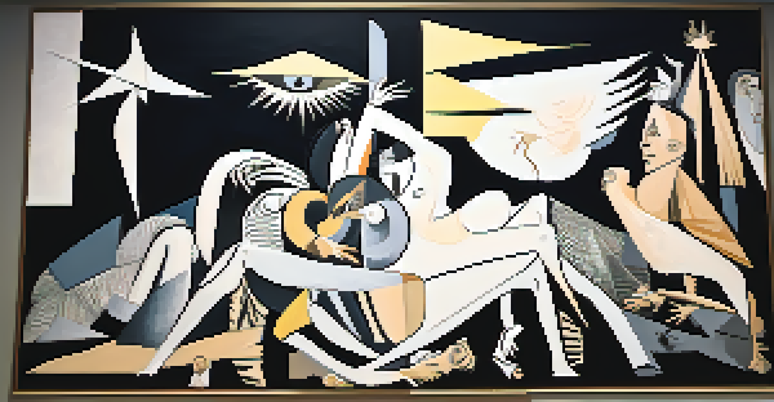 Close-up view of Picasso's 'Guernica' mural, capturing the details and emotional expressions in a minimalist gallery.