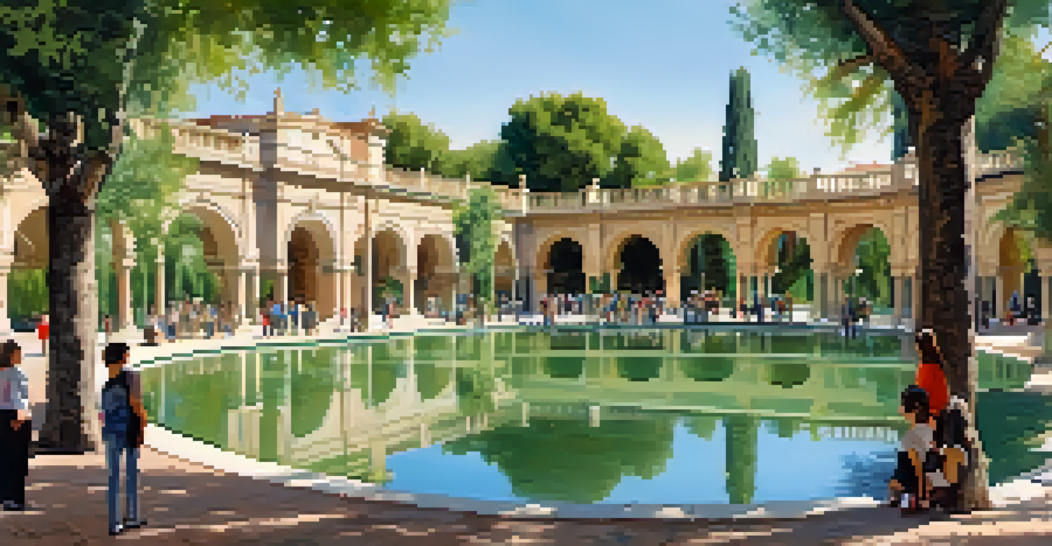 Visitors learning about historical irrigation systems in the Turia Gardens, surrounded by greenery and historic sites.