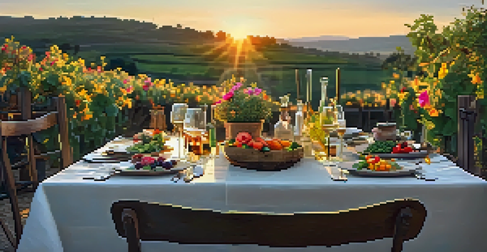 An outdoor dining setup in the countryside with a long wooden table filled with fresh produce and flowers, under a sunset sky.