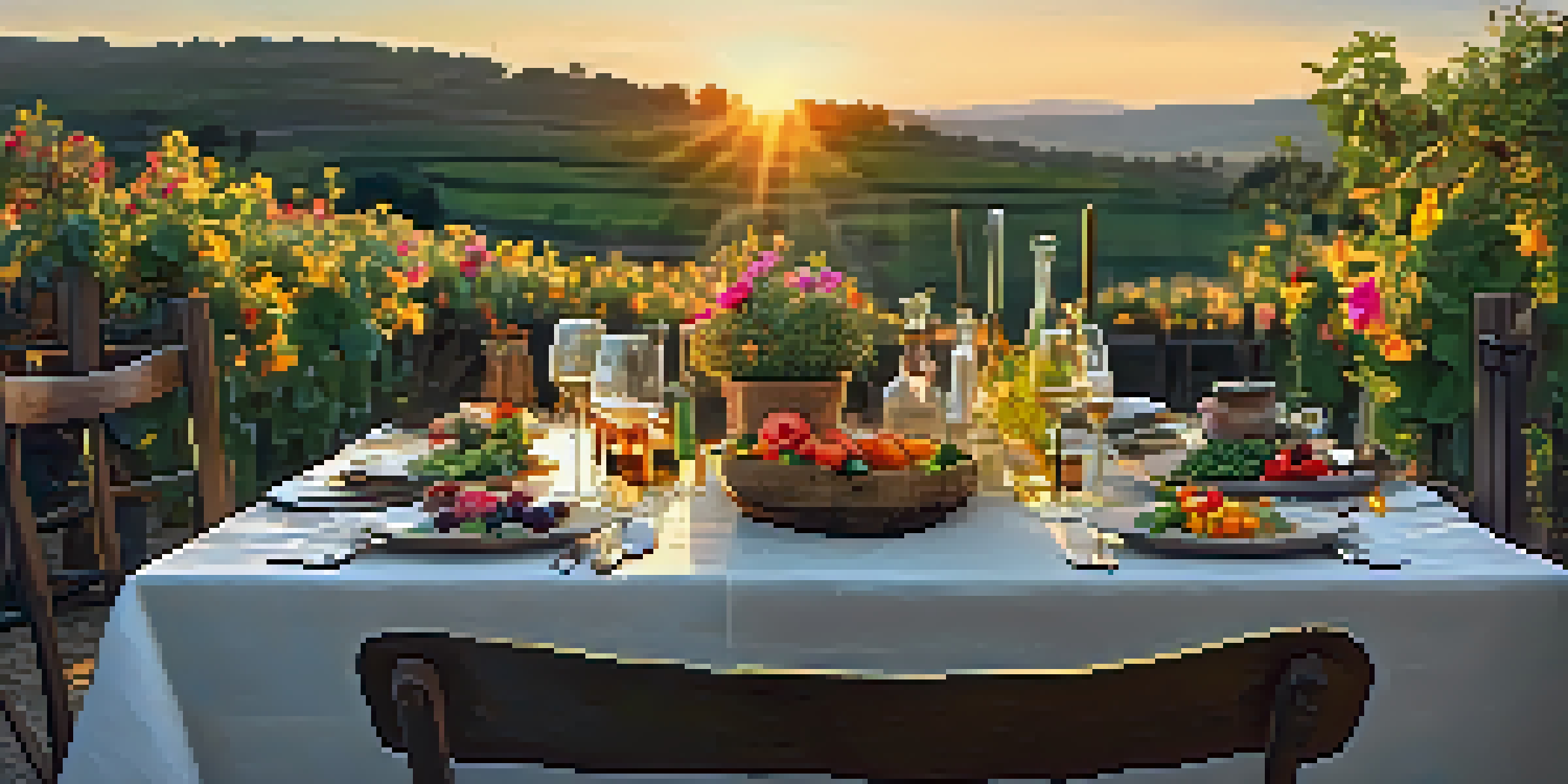 An outdoor dining setup in the countryside with a long wooden table filled with fresh produce and flowers, under a sunset sky.