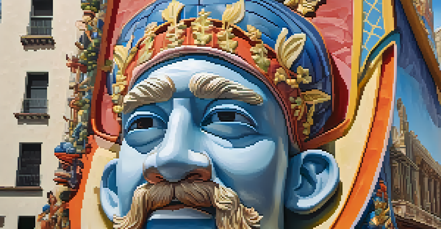 A close-up of a large falla sculpture from the Las Fallas festival, showcasing intricate details, vibrant colors, and a satirical depiction of contemporary life.