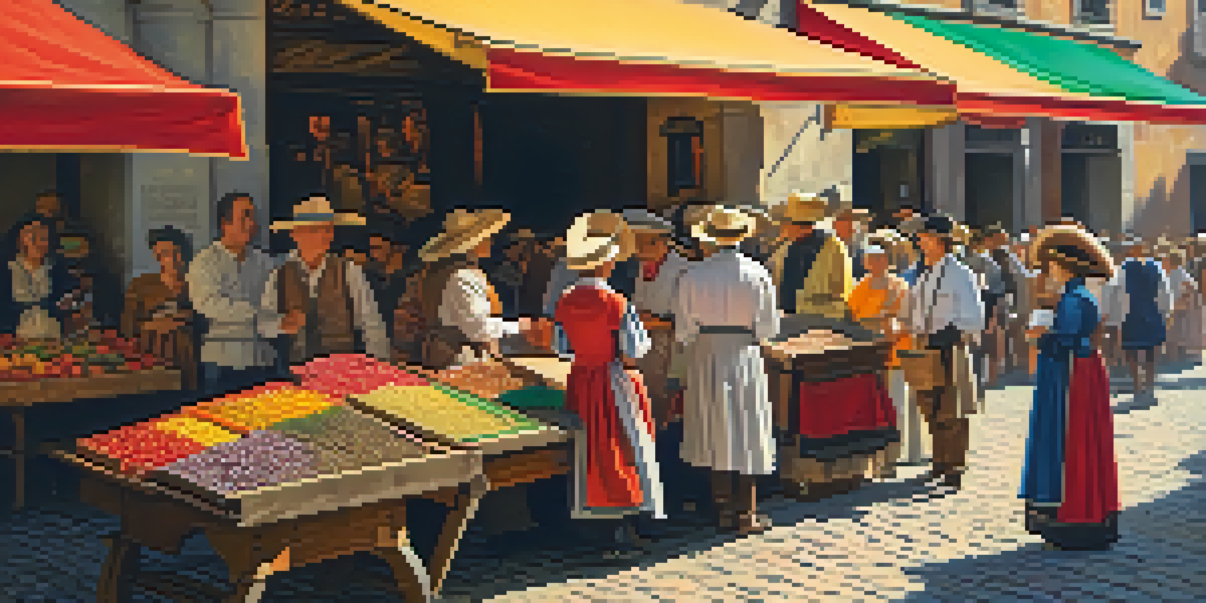 A lively street scene in Spain during the Golden Age, with an artist painting a crowd in traditional attire under sunlight and colorful market awnings.