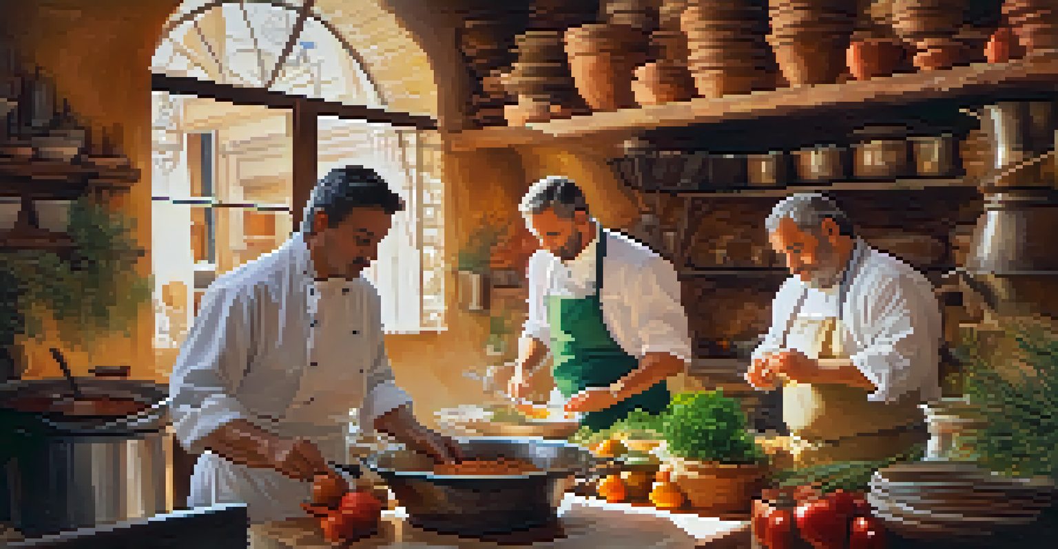 A hands-on cooking class in a rustic kitchen in Seville with a chef demonstrating traditional cooking techniques to engaged tourists, surrounded by fresh ingredients.