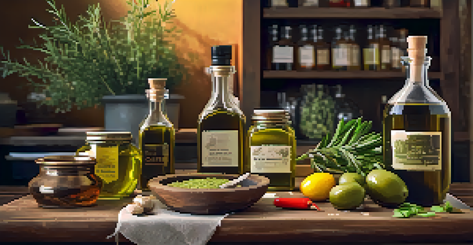 A rustic kitchen counter with bottles of olive oil, fresh vegetables, and herbs in soft lighting.