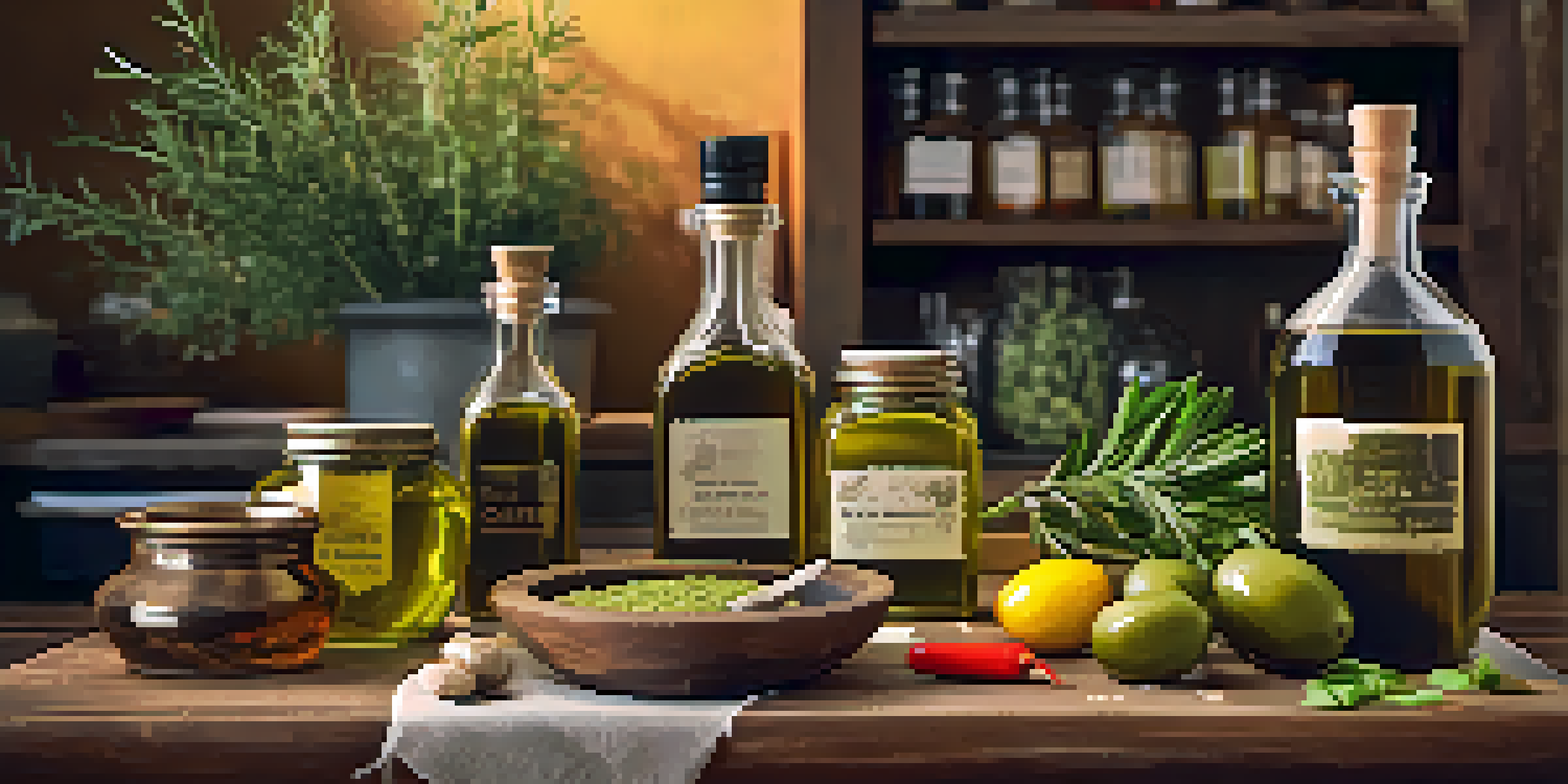 A rustic kitchen counter with bottles of olive oil, fresh vegetables, and herbs in soft lighting.