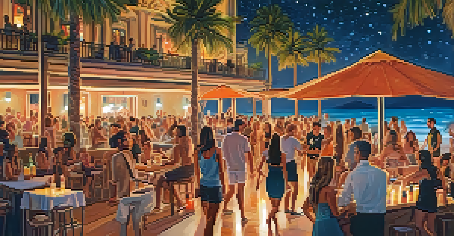 A lively beach club in Valencia at night, with people dancing, a DJ booth, and colorful lights illuminating the scene.
