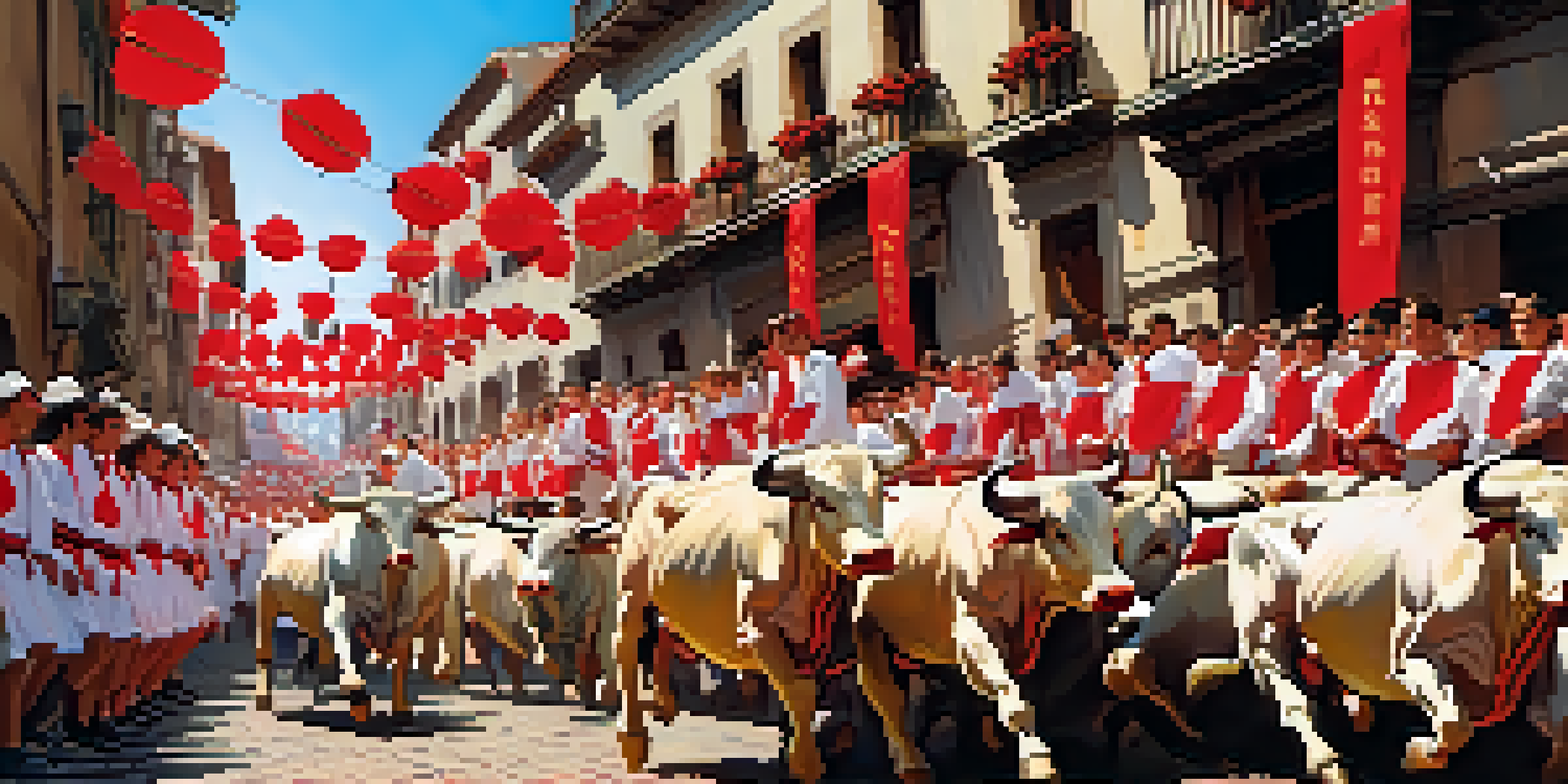 A lively street during the San Fermín festival with people in white and red attire and running bulls.