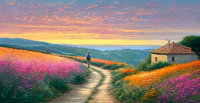 A picturesque sunrise view along the Camino de Santiago, featuring a winding path, colorful wildflowers, and a solitary pilgrim.
