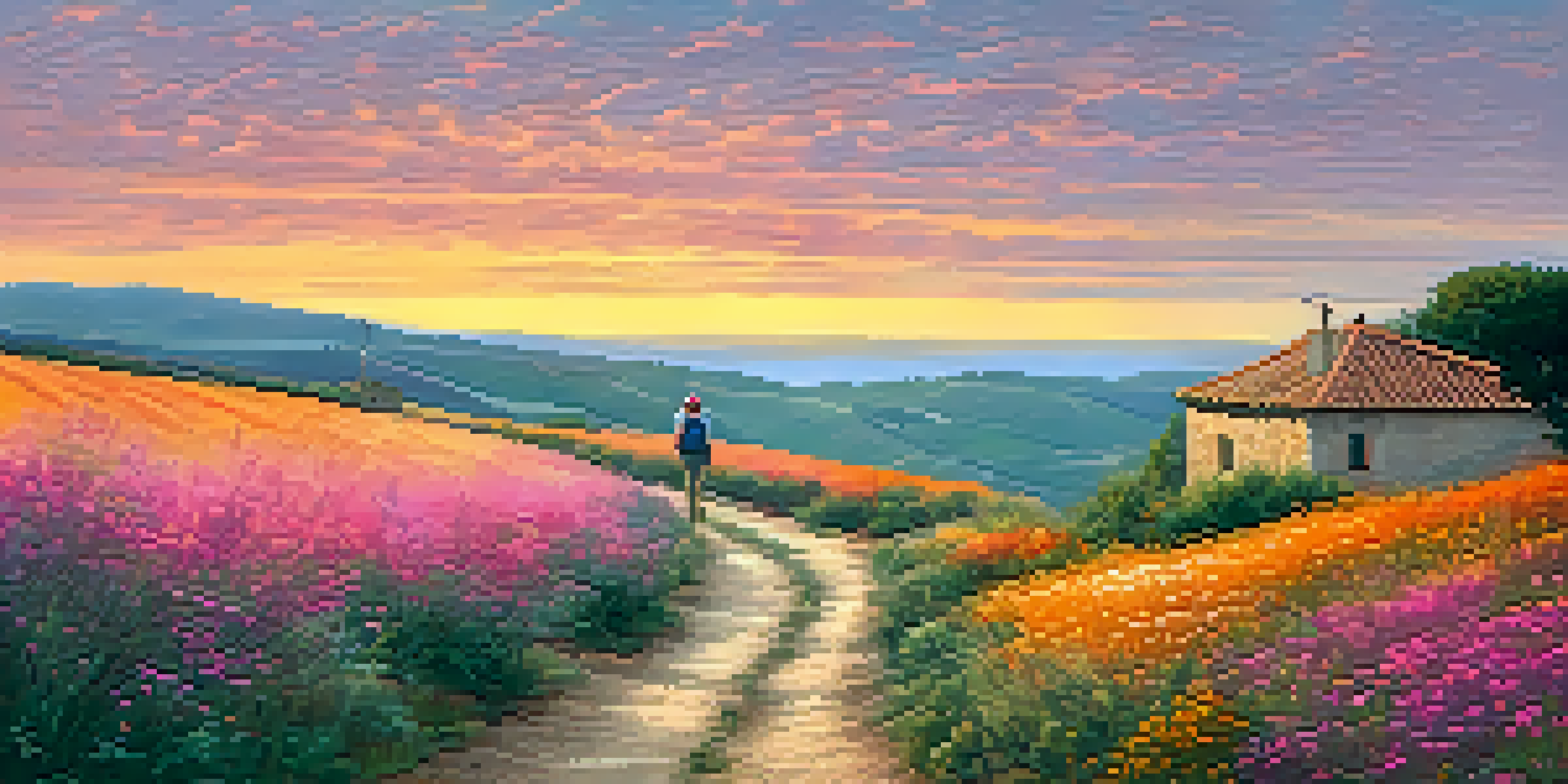 A picturesque sunrise view along the Camino de Santiago, featuring a winding path, colorful wildflowers, and a solitary pilgrim.
