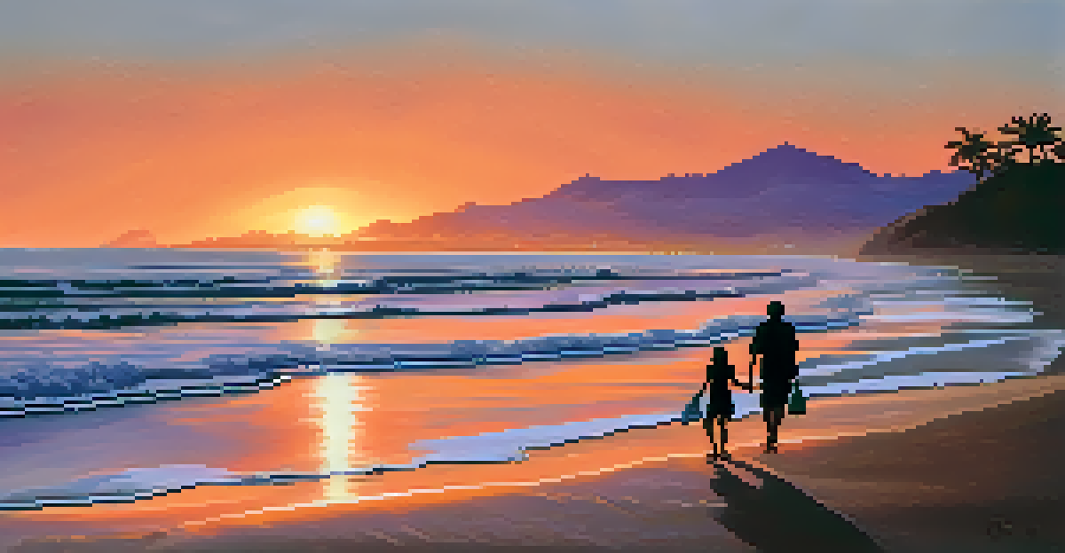 A serene sunset view at Playa de San José with warm colors in the sky and a couple walking along the shore of the beach.