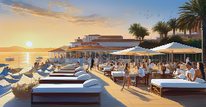 A luxurious beach club in Malaga with guests relaxing on sunbeds, enjoying tapas and cocktails at sunset.