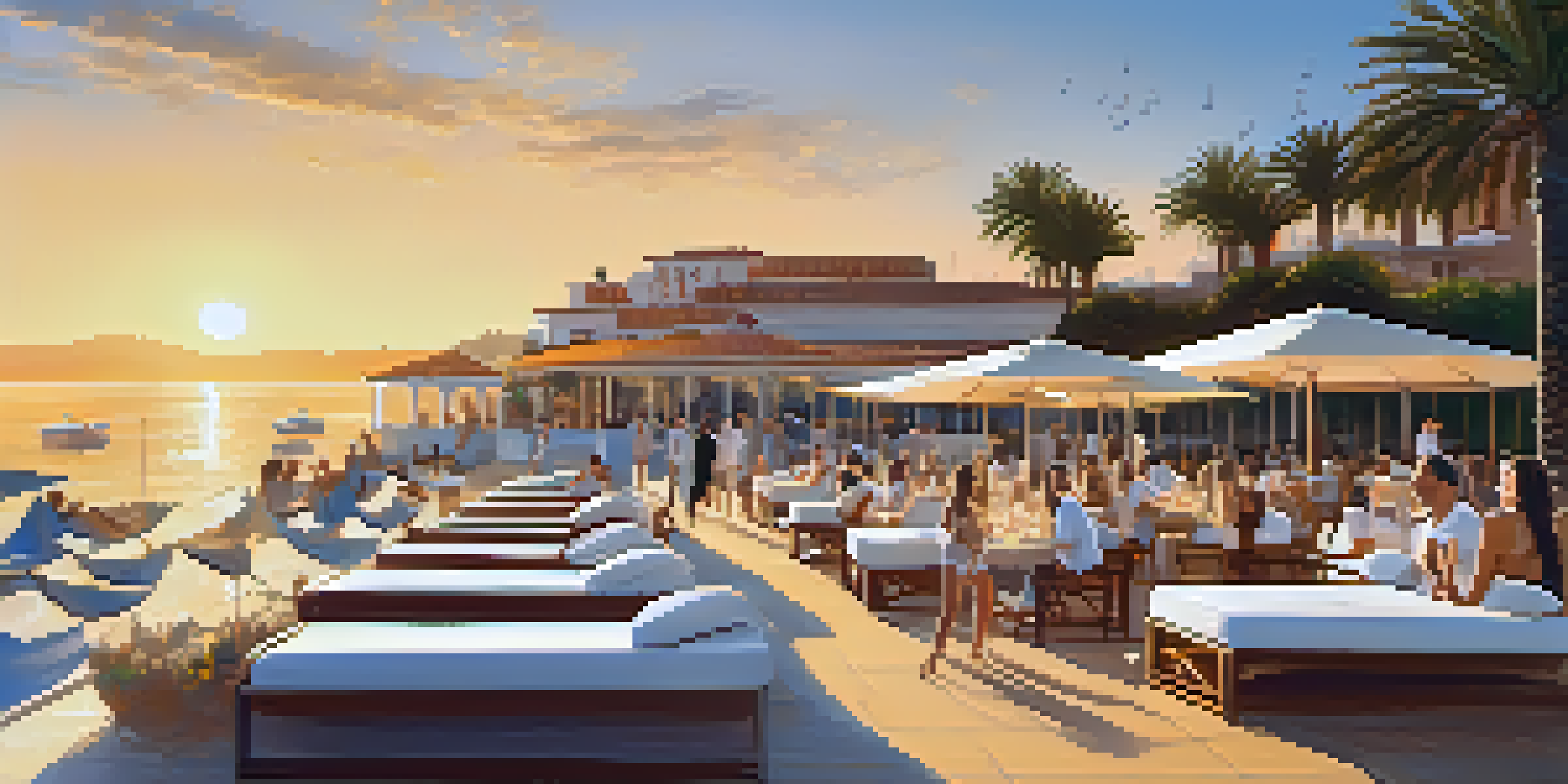 A luxurious beach club in Malaga with guests relaxing on sunbeds, enjoying tapas and cocktails at sunset.
