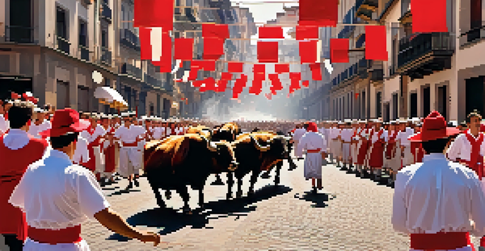Participants in traditional attire running alongside bulls during the San Fermín Festival in Pamplona, with a festive atmosphere and historic buildings in the background.