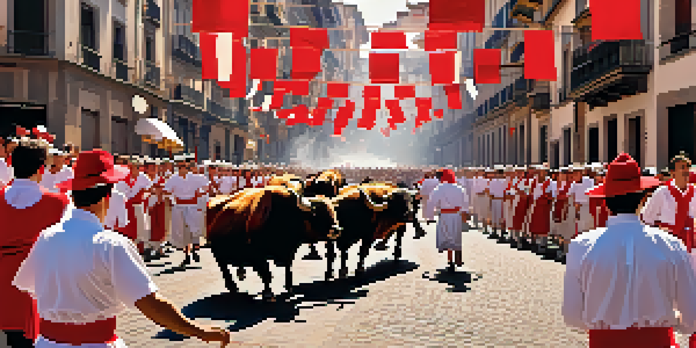 Participants in traditional attire running alongside bulls during the San Fermín Festival in Pamplona, with a festive atmosphere and historic buildings in the background.