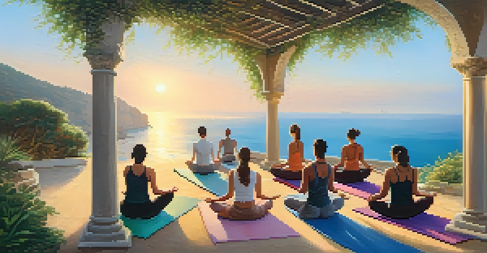 A group of people practicing yoga outdoors at sunrise by the Mediterranean Sea, surrounded by green plants and gentle waves, with warm golden light illuminating the scene.