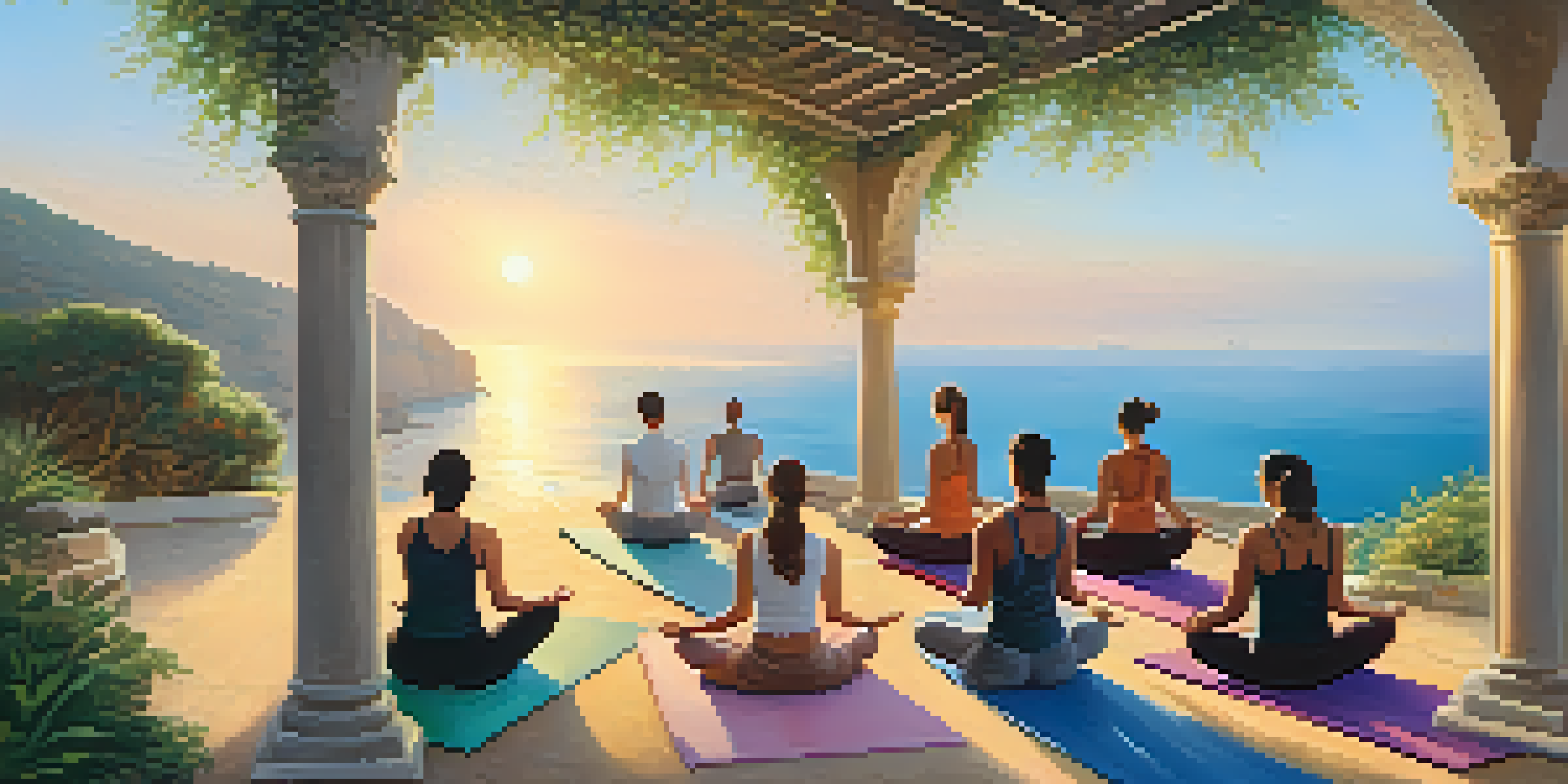 A group of people practicing yoga outdoors at sunrise by the Mediterranean Sea, surrounded by green plants and gentle waves, with warm golden light illuminating the scene.