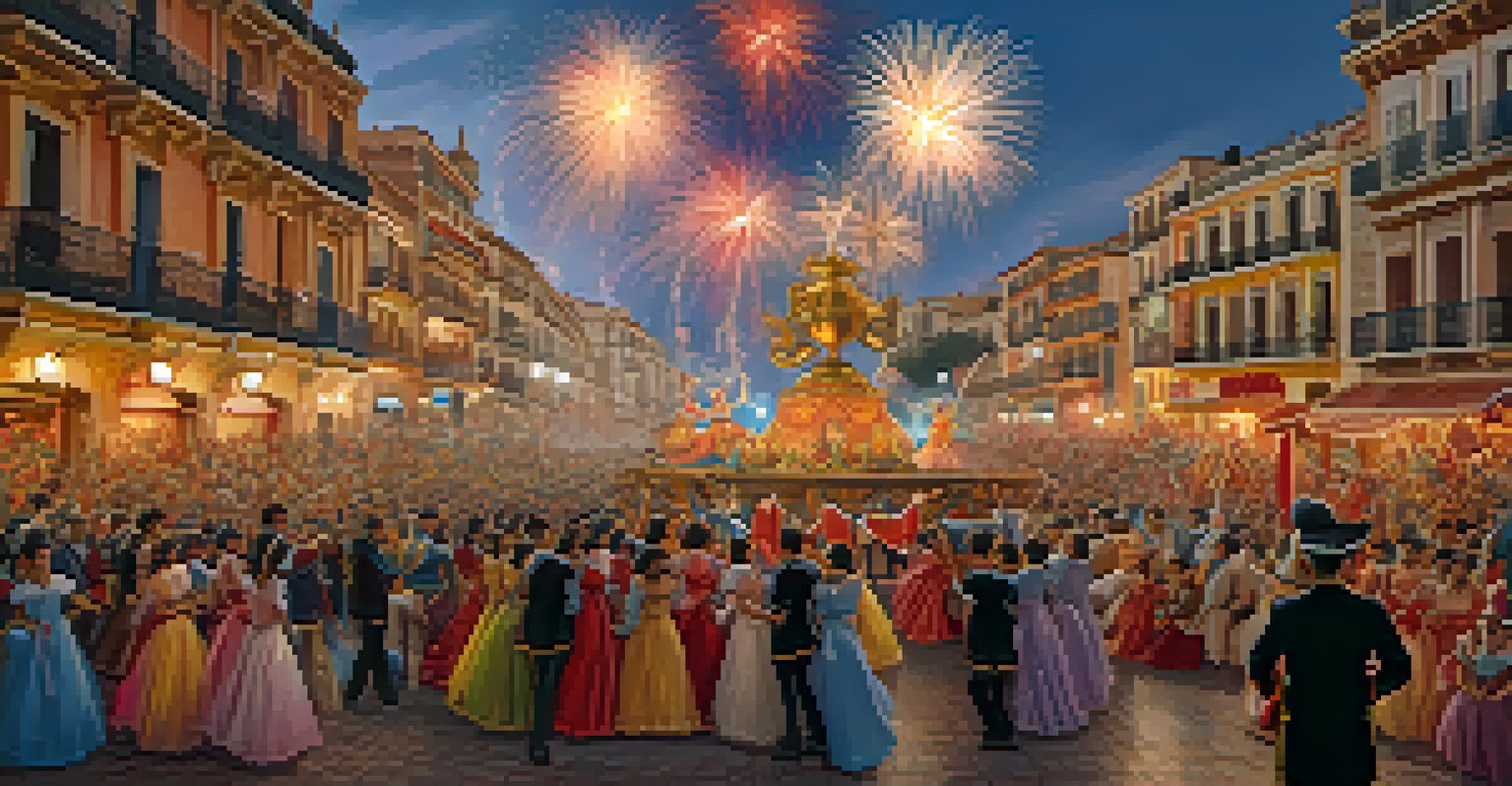 A lively Valencian festival scene with a brass band and dancers, surrounded by fireworks and colorful decorations.