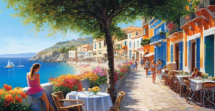 A sunny coastal town in Spain with colorful buildings, blooming flowers, and locals at a beachside café, overlooking the sparkling Mediterranean Sea.