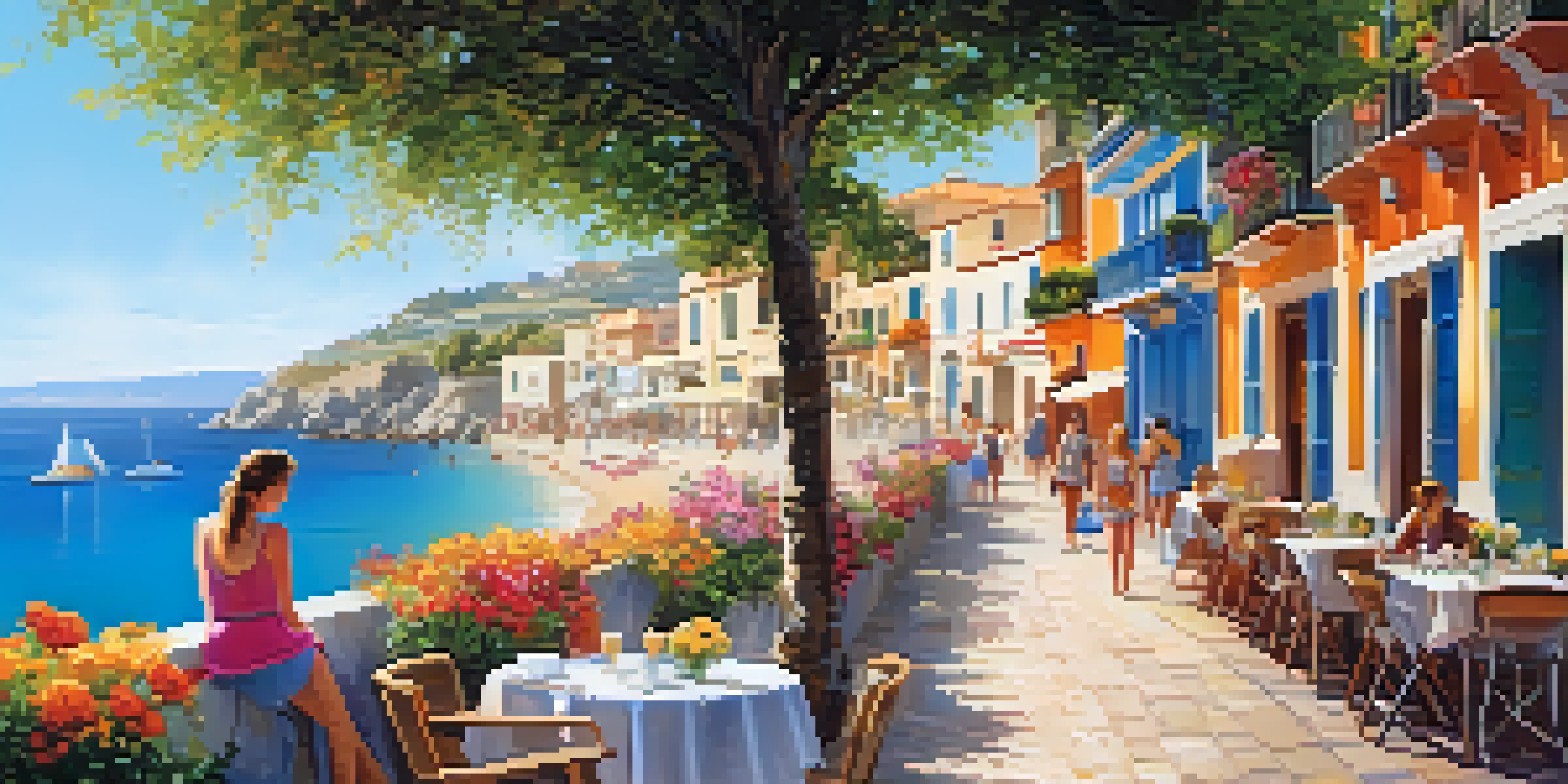 A sunny coastal town in Spain with colorful buildings, blooming flowers, and locals at a beachside café, overlooking the sparkling Mediterranean Sea.