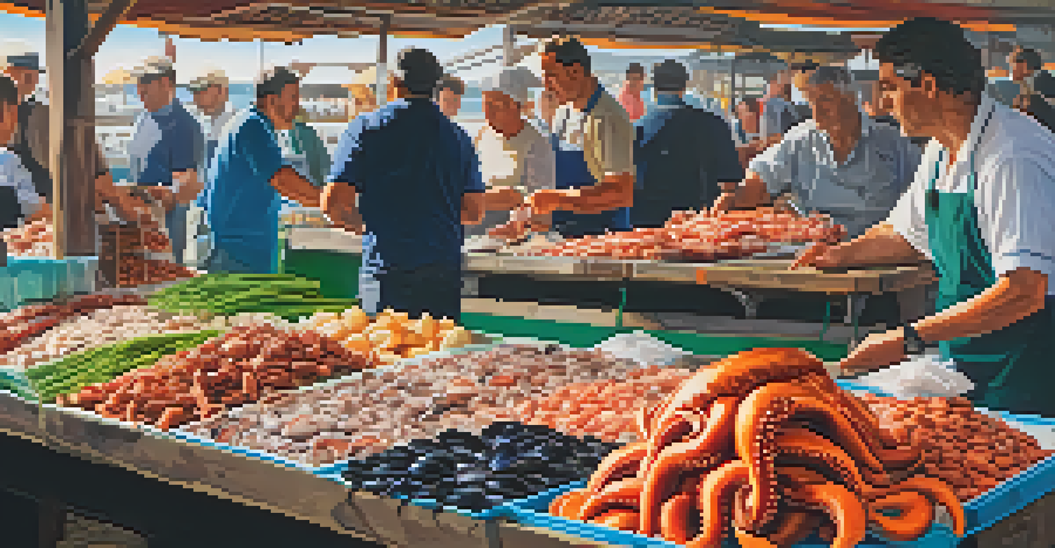 A bustling seafood market in Galicia filled with fresh seafood like octopus and mussels, surrounded by colorful produce and local shoppers.