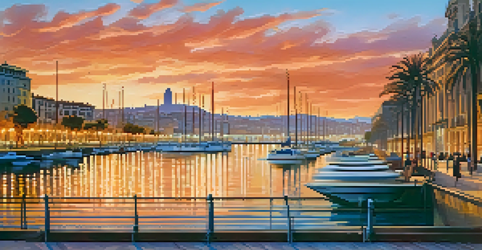 A sunset view of the Port of Barcelona with vibrant colors, sailboats, and people walking along the waterfront.