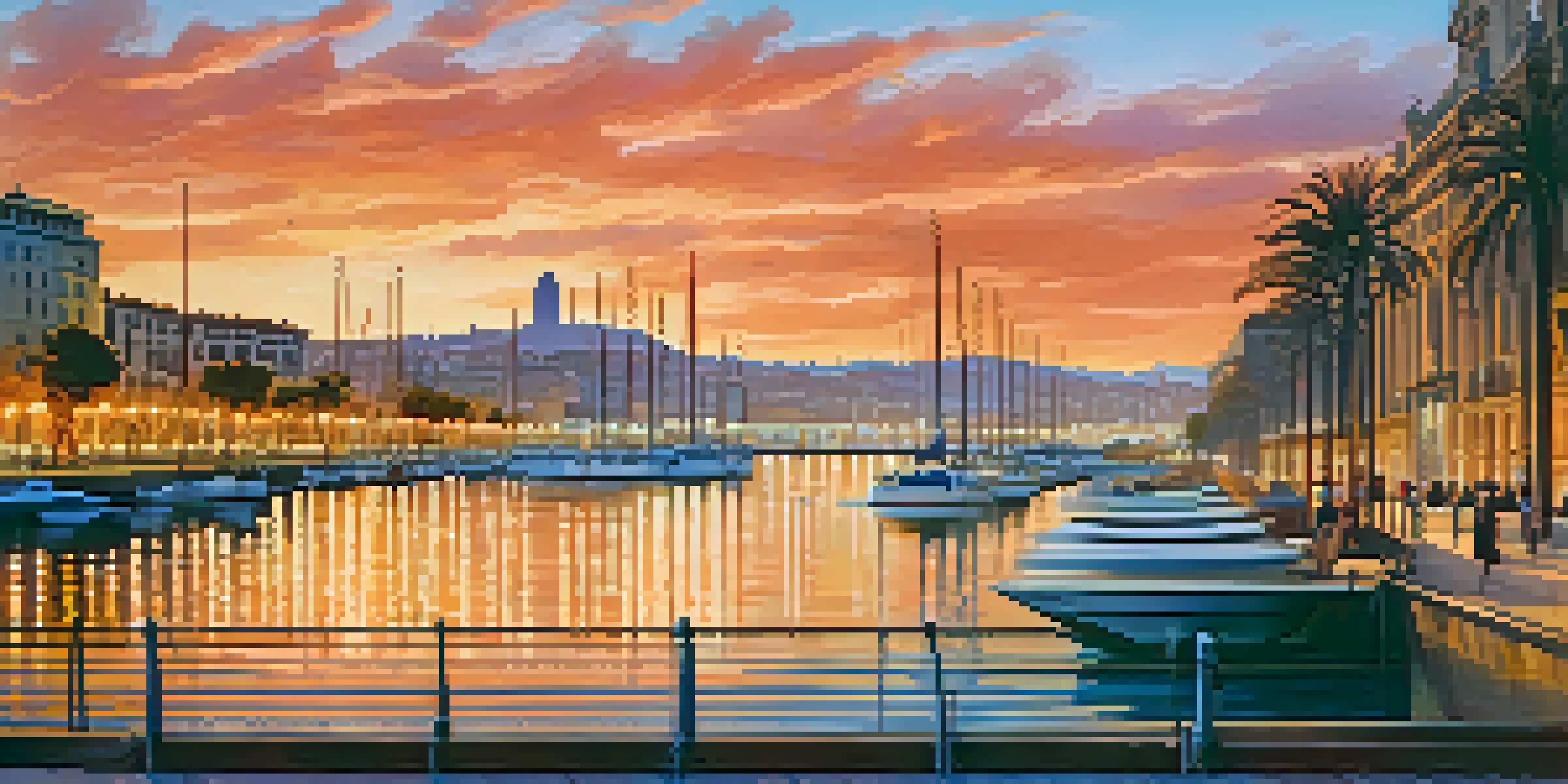 A sunset view of the Port of Barcelona with vibrant colors, sailboats, and people walking along the waterfront.