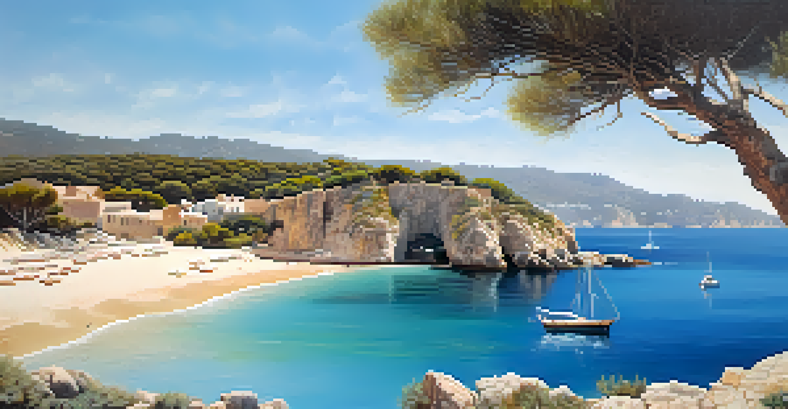 A serene beach in the Balearic Islands with clear waters, white sands, and rugged cliffs.