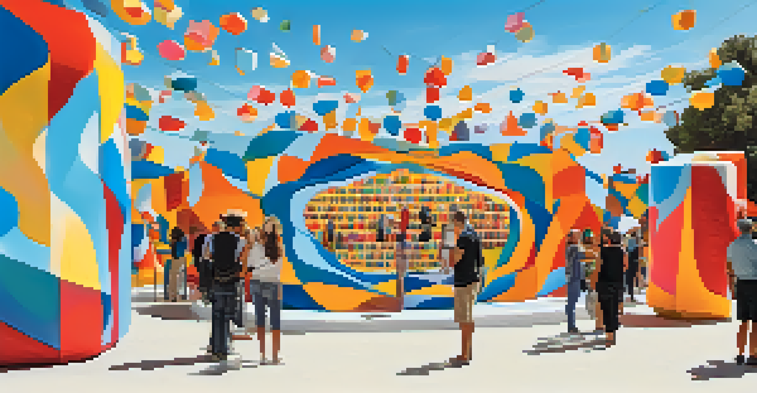 Festival attendees interacting with large, colorful abstract sculptures at the festival.
