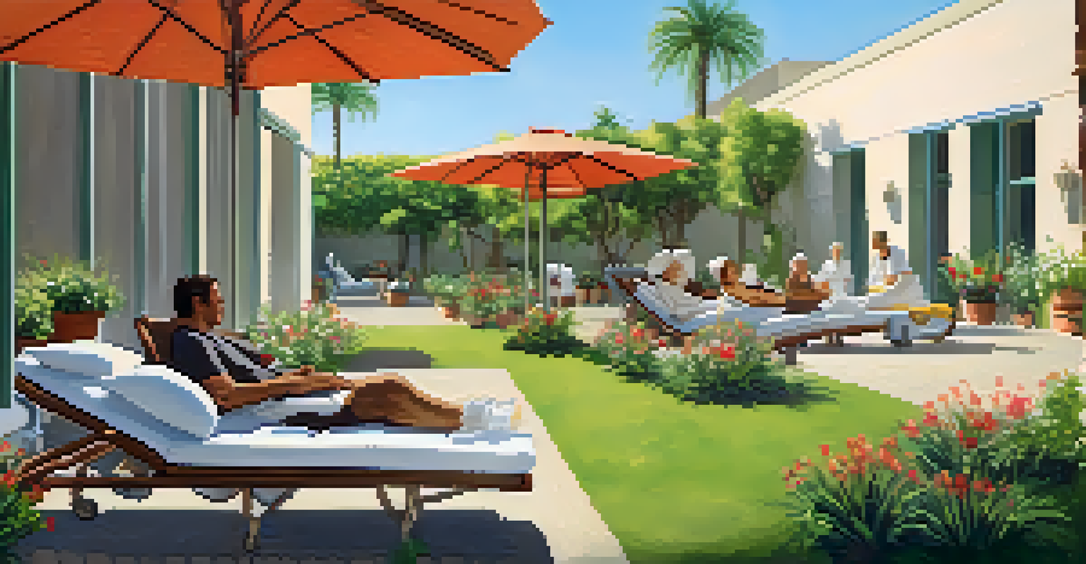 Patients relaxing on loungers in a sunny outdoor recovery area, surrounded by greenery and flowers.