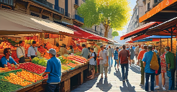 A lively market entrance at La Boqueria in Barcelona, filled with colorful fruits and vegetables, and people interacting under bright sunlight.