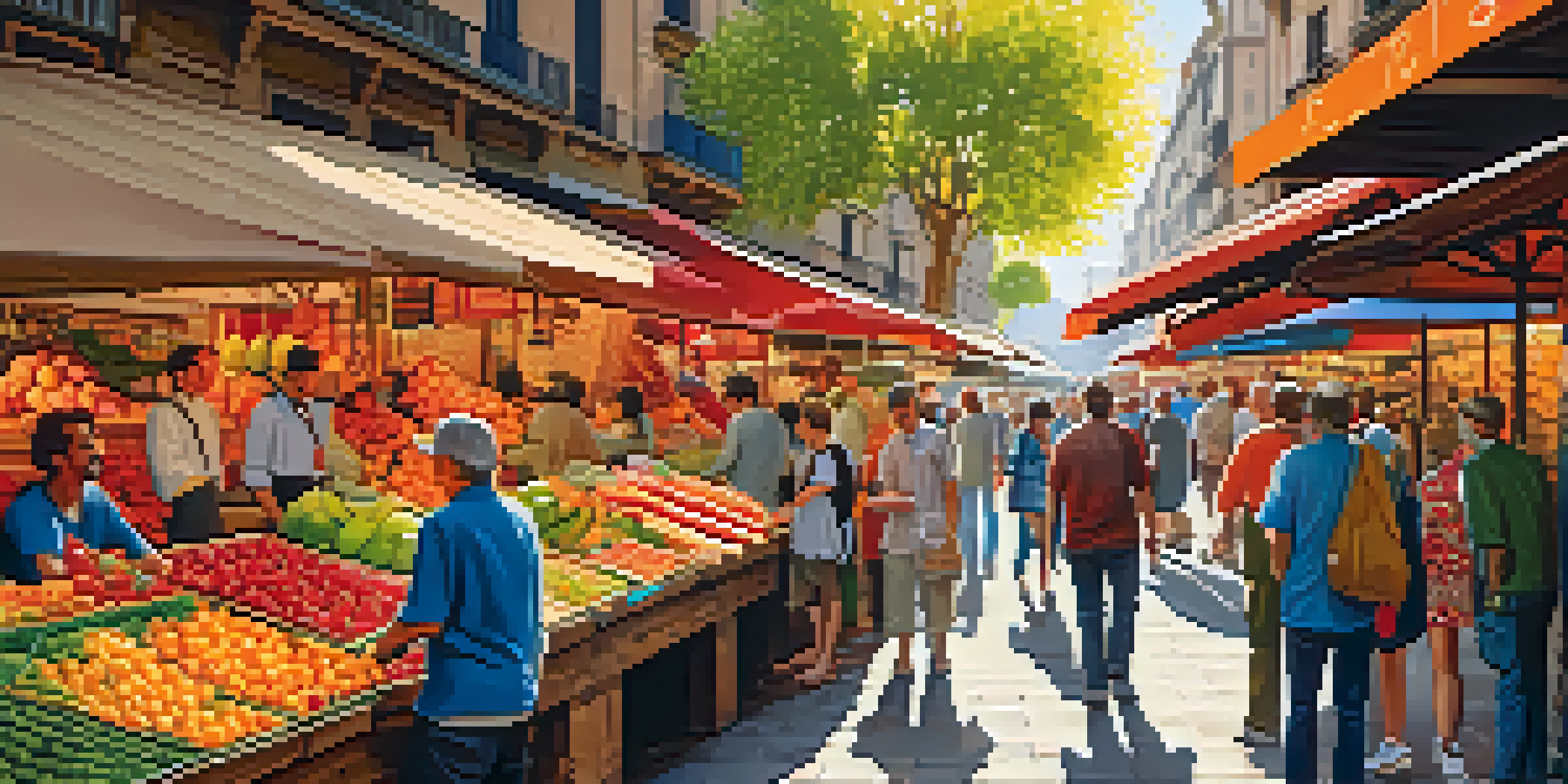 A lively market entrance at La Boqueria in Barcelona, filled with colorful fruits and vegetables, and people interacting under bright sunlight.