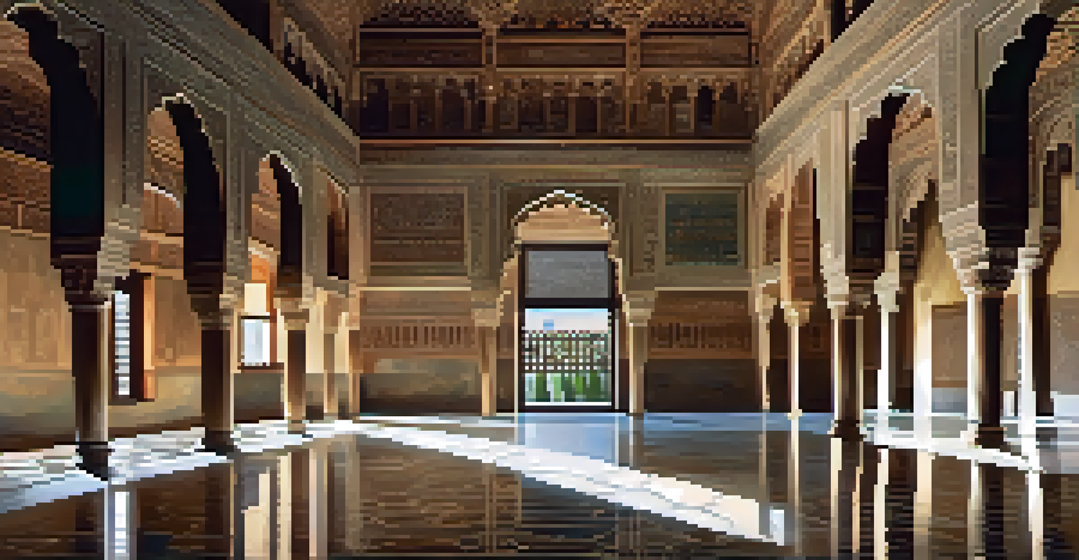 Interior view of the Hall of the Ambassadors in The Alhambra, highlighting the detailed wooden ceiling and ornate decorations.