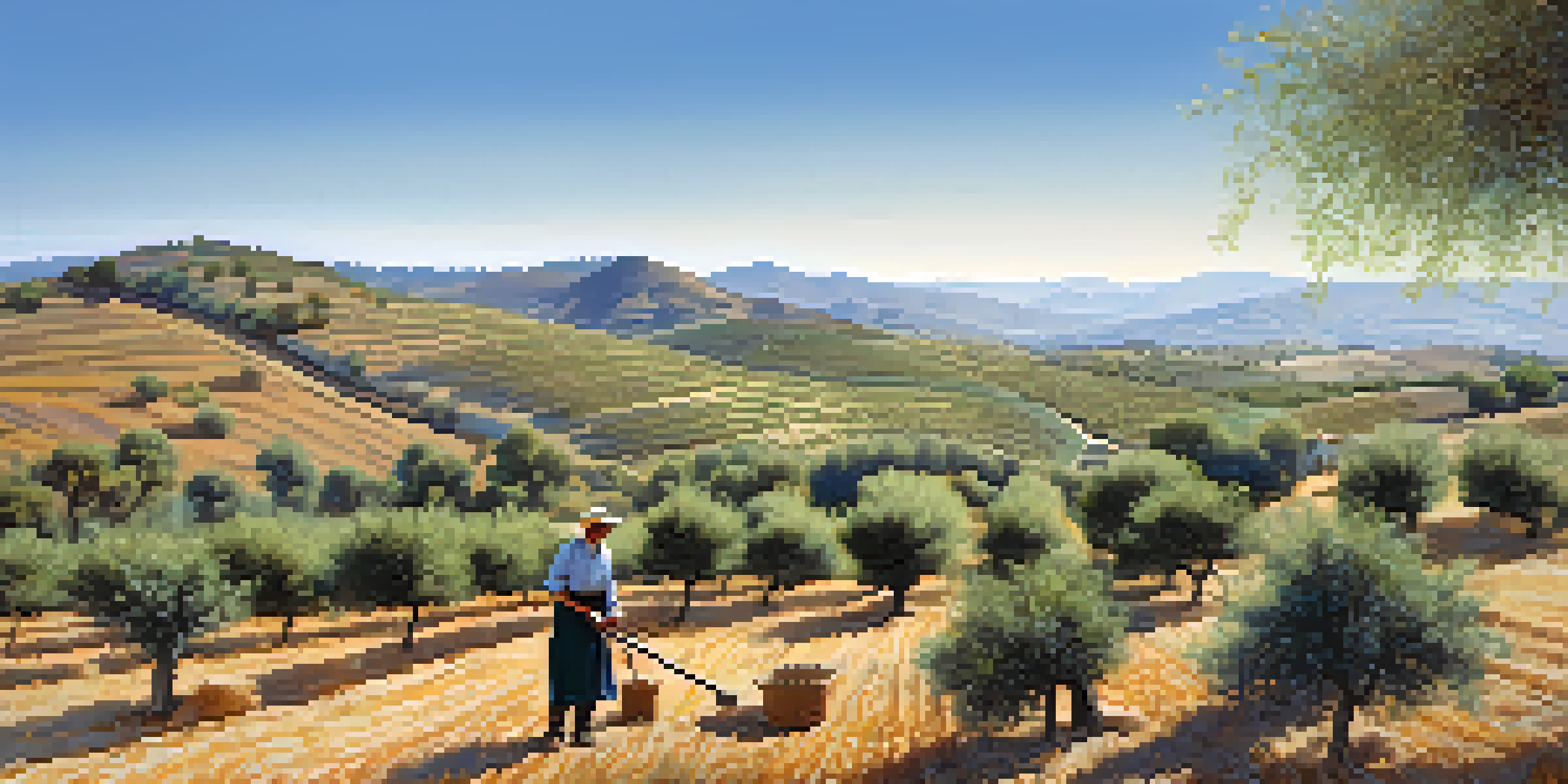 A farmer harvesting olives in a beautiful Spanish landscape with rolling hills and mountains in the background.